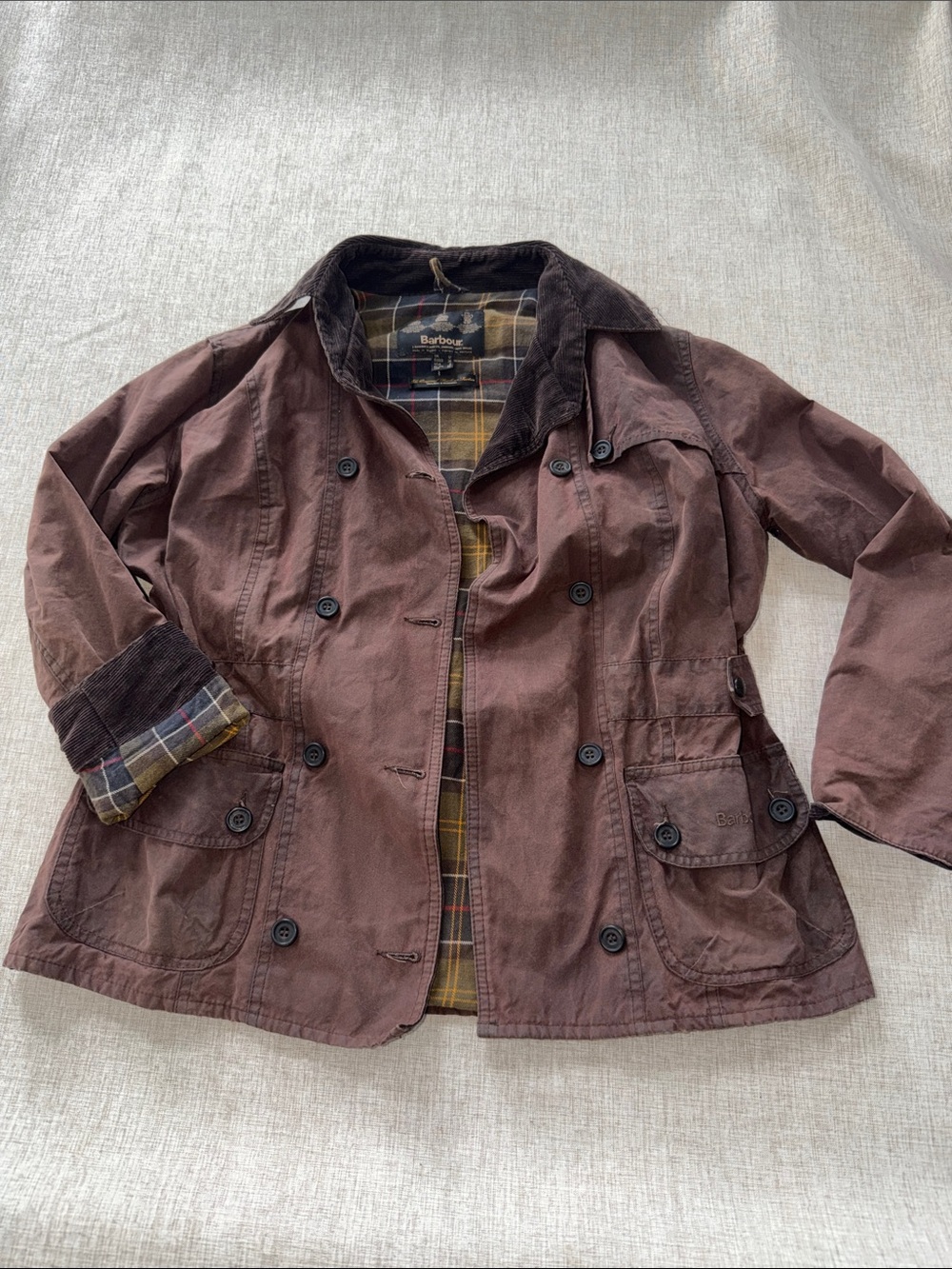 Barbour Waxed Utility Jacket Women’s 8 Tartan Plaid Lining double breasted STAIN